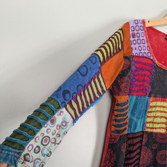 Patchwork Tunic Top L Multi Boho Hippie Colorful Eclectic Y2K Indie Red Blue - Picture 3 of 10